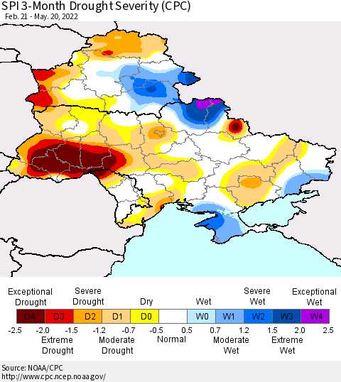 Ukraine, Moldova and Belarus SPI 3-Month Drought Severity (CPC) Thematic Map For 2/21/2022 - 5/20/2022