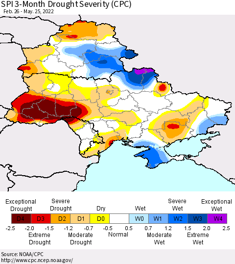 Ukraine, Moldova and Belarus SPI 3-Month Drought Severity (CPC) Thematic Map For 2/26/2022 - 5/25/2022
