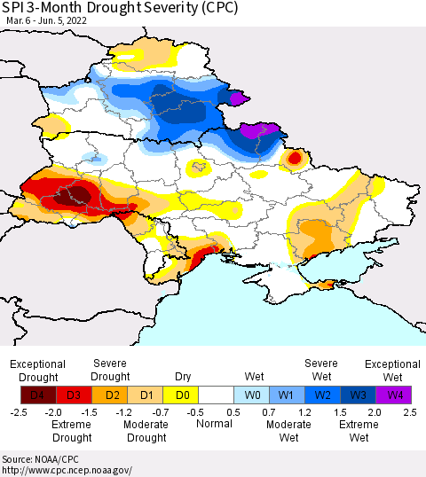 Ukraine, Moldova and Belarus SPI 3-Month Drought Severity (CPC) Thematic Map For 3/6/2022 - 6/5/2022