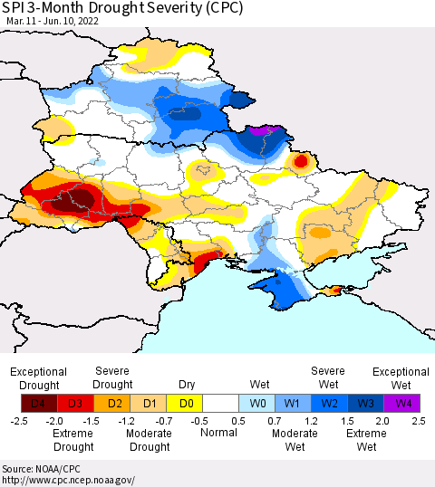 Ukraine, Moldova and Belarus SPI 3-Month Drought Severity (CPC) Thematic Map For 3/11/2022 - 6/10/2022