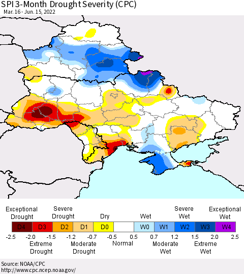 Ukraine, Moldova and Belarus SPI 3-Month Drought Severity (CPC) Thematic Map For 3/16/2022 - 6/15/2022