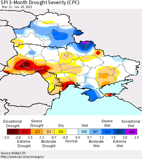 Ukraine, Moldova and Belarus SPI 3-Month Drought Severity (CPC) Thematic Map For 3/21/2022 - 6/20/2022