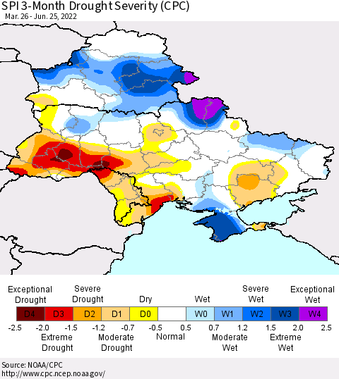 Ukraine, Moldova and Belarus SPI 3-Month Drought Severity (CPC) Thematic Map For 3/26/2022 - 6/25/2022