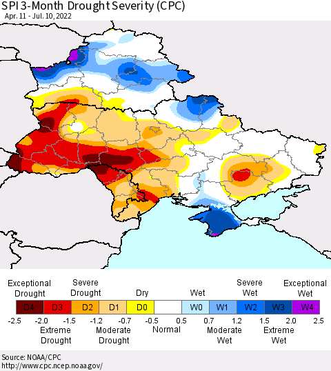 Ukraine, Moldova and Belarus SPI 3-Month Drought Severity (CPC) Thematic Map For 4/11/2022 - 7/10/2022