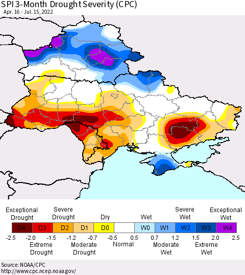 Ukraine, Moldova and Belarus SPI 3-Month Drought Severity (CPC) Thematic Map For 4/16/2022 - 7/15/2022