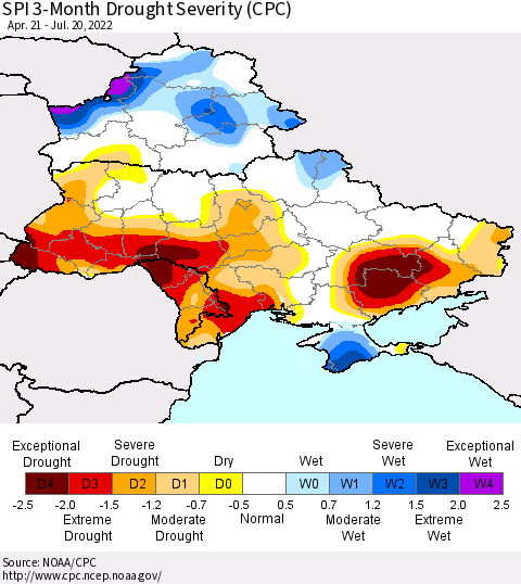 Ukraine, Moldova and Belarus SPI 3-Month Drought Severity (CPC) Thematic Map For 4/21/2022 - 7/20/2022