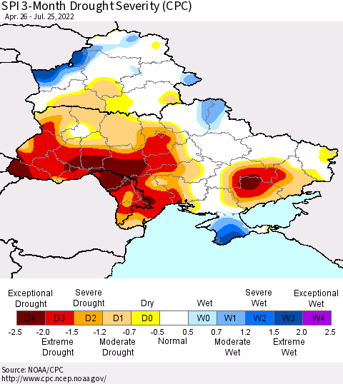 Ukraine, Moldova and Belarus SPI 3-Month Drought Severity (CPC) Thematic Map For 4/26/2022 - 7/25/2022