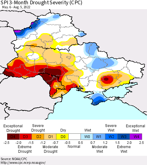 Ukraine, Moldova and Belarus SPI 3-Month Drought Severity (CPC) Thematic Map For 5/6/2022 - 8/5/2022