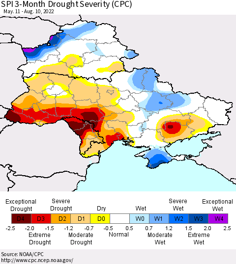 Ukraine, Moldova and Belarus SPI 3-Month Drought Severity (CPC) Thematic Map For 5/11/2022 - 8/10/2022