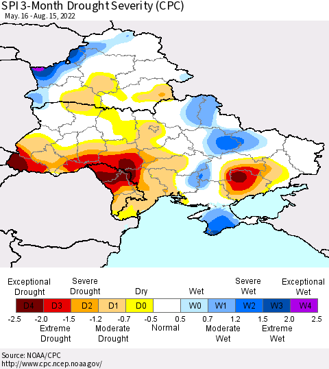 Ukraine, Moldova and Belarus SPI 3-Month Drought Severity (CPC) Thematic Map For 5/16/2022 - 8/15/2022