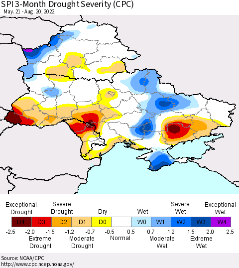 Ukraine, Moldova and Belarus SPI 3-Month Drought Severity (CPC) Thematic Map For 5/21/2022 - 8/20/2022