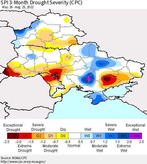 Ukraine, Moldova and Belarus SPI 3-Month Drought Severity (CPC) Thematic Map For 5/26/2022 - 8/25/2022
