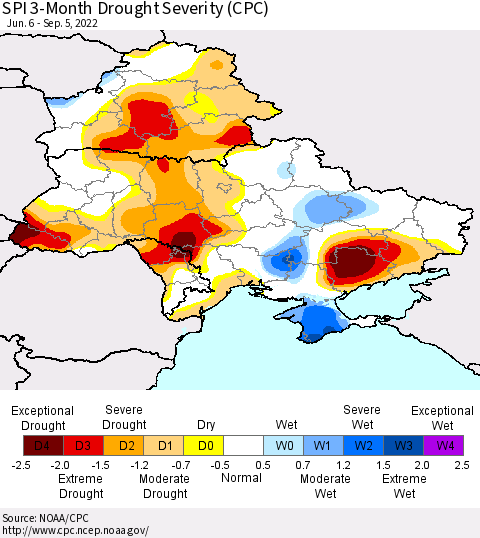 Ukraine, Moldova and Belarus SPI 3-Month Drought Severity (CPC) Thematic Map For 6/6/2022 - 9/5/2022