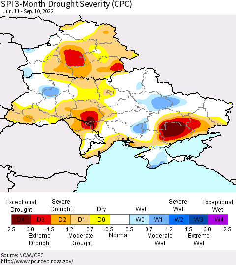 Ukraine, Moldova and Belarus SPI 3-Month Drought Severity (CPC) Thematic Map For 6/11/2022 - 9/10/2022