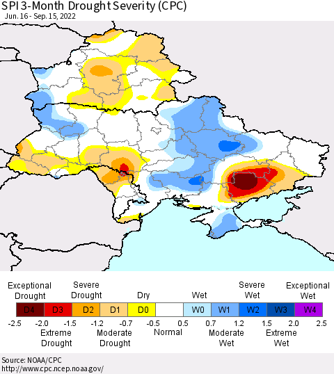 Ukraine, Moldova and Belarus SPI 3-Month Drought Severity (CPC) Thematic Map For 6/16/2022 - 9/15/2022