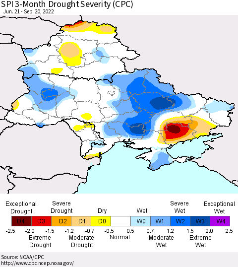 Ukraine, Moldova and Belarus SPI 3-Month Drought Severity (CPC) Thematic Map For 6/21/2022 - 9/20/2022