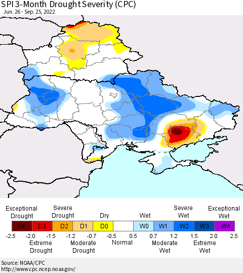 Ukraine, Moldova and Belarus SPI 3-Month Drought Severity (CPC) Thematic Map For 6/26/2022 - 9/25/2022