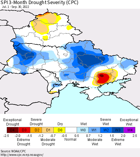 Ukraine, Moldova and Belarus SPI 3-Month Drought Severity (CPC) Thematic Map For 7/1/2022 - 9/30/2022