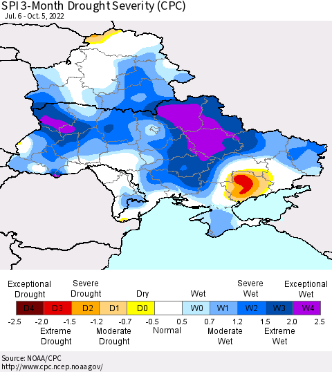 Ukraine, Moldova and Belarus SPI 3-Month Drought Severity (CPC) Thematic Map For 7/6/2022 - 10/5/2022