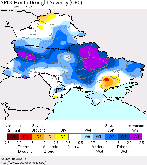 Ukraine, Moldova and Belarus SPI 3-Month Drought Severity (CPC) Thematic Map For 7/11/2022 - 10/10/2022
