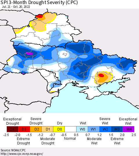 Ukraine, Moldova and Belarus SPI 3-Month Drought Severity (CPC) Thematic Map For 7/21/2022 - 10/20/2022