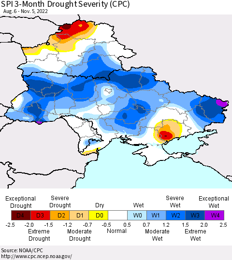 Ukraine, Moldova and Belarus SPI 3-Month Drought Severity (CPC) Thematic Map For 8/6/2022 - 11/5/2022