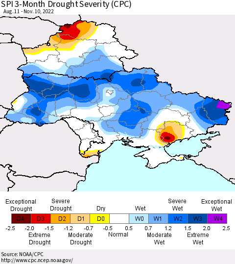 Ukraine, Moldova and Belarus SPI 3-Month Drought Severity (CPC) Thematic Map For 8/11/2022 - 11/10/2022