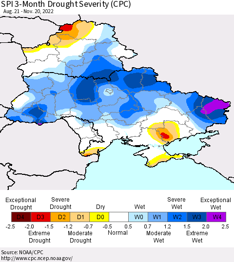 Ukraine, Moldova and Belarus SPI 3-Month Drought Severity (CPC) Thematic Map For 8/21/2022 - 11/20/2022