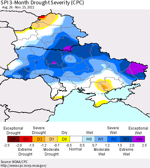 Ukraine, Moldova and Belarus SPI 3-Month Drought Severity (CPC) Thematic Map For 8/26/2022 - 11/25/2022