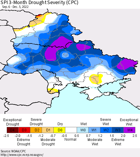 Ukraine, Moldova and Belarus SPI 3-Month Drought Severity (CPC) Thematic Map For 9/6/2022 - 12/5/2022