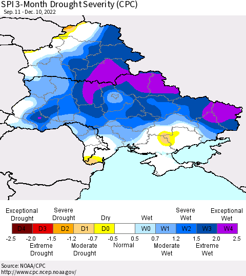Ukraine, Moldova and Belarus SPI 3-Month Drought Severity (CPC) Thematic Map For 9/11/2022 - 12/10/2022
