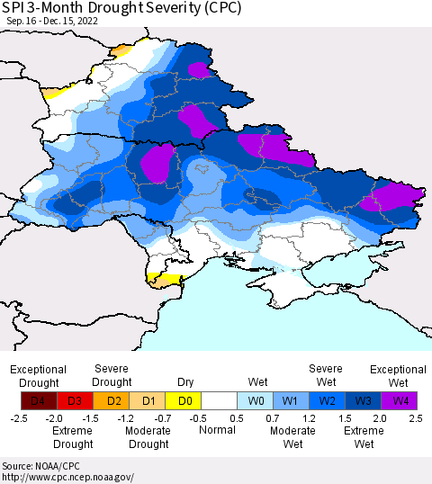 Ukraine, Moldova and Belarus SPI 3-Month Drought Severity (CPC) Thematic Map For 9/16/2022 - 12/15/2022