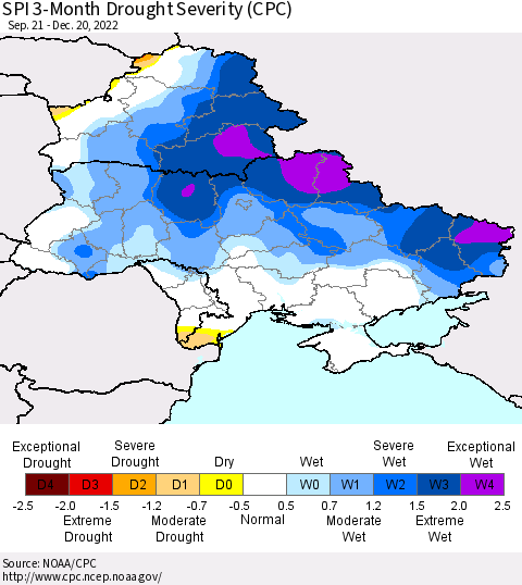Ukraine, Moldova and Belarus SPI 3-Month Drought Severity (CPC) Thematic Map For 9/21/2022 - 12/20/2022
