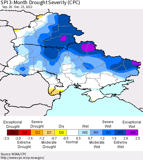 Ukraine, Moldova and Belarus SPI 3-Month Drought Severity (CPC) Thematic Map For 9/26/2022 - 12/25/2022