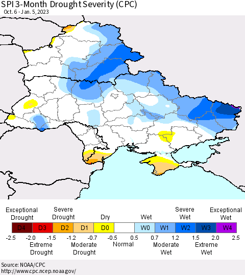 Ukraine, Moldova and Belarus SPI 3-Month Drought Severity (CPC) Thematic Map For 10/6/2022 - 1/5/2023