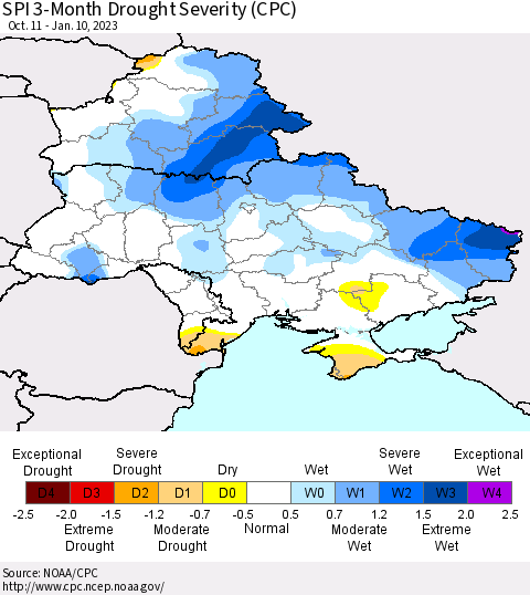 Ukraine, Moldova and Belarus SPI 3-Month Drought Severity (CPC) Thematic Map For 10/11/2022 - 1/10/2023