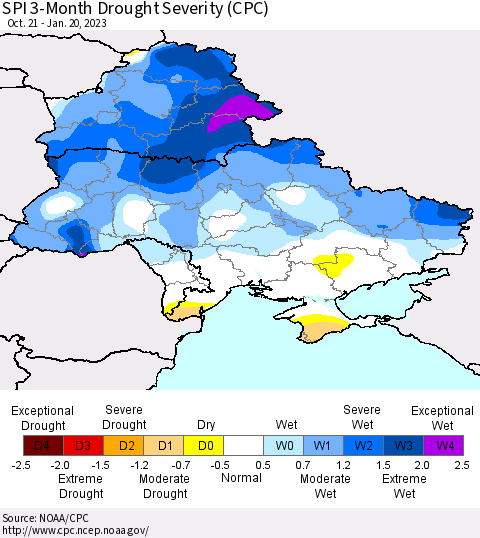 Ukraine, Moldova and Belarus SPI 3-Month Drought Severity (CPC) Thematic Map For 10/21/2022 - 1/20/2023