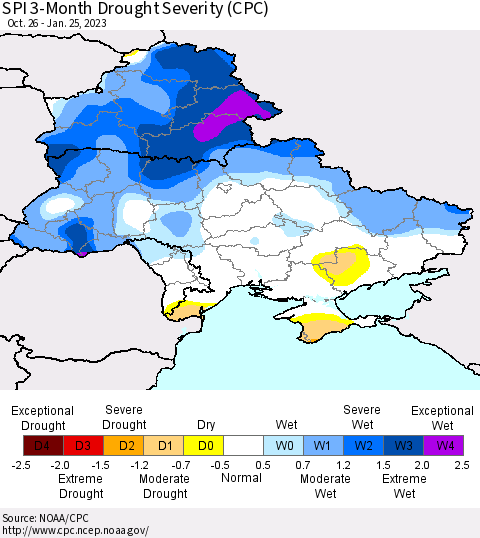 Ukraine, Moldova and Belarus SPI 3-Month Drought Severity (CPC) Thematic Map For 10/26/2022 - 1/25/2023