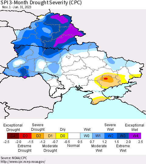 Ukraine, Moldova and Belarus SPI 3-Month Drought Severity (CPC) Thematic Map For 11/1/2022 - 1/31/2023