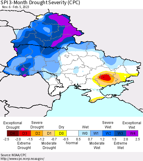 Ukraine, Moldova and Belarus SPI 3-Month Drought Severity (CPC) Thematic Map For 11/6/2022 - 2/5/2023