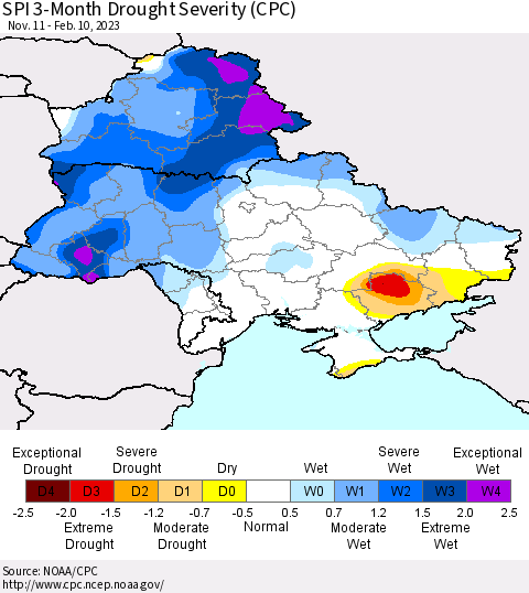 Ukraine, Moldova and Belarus SPI 3-Month Drought Severity (CPC) Thematic Map For 11/11/2022 - 2/10/2023