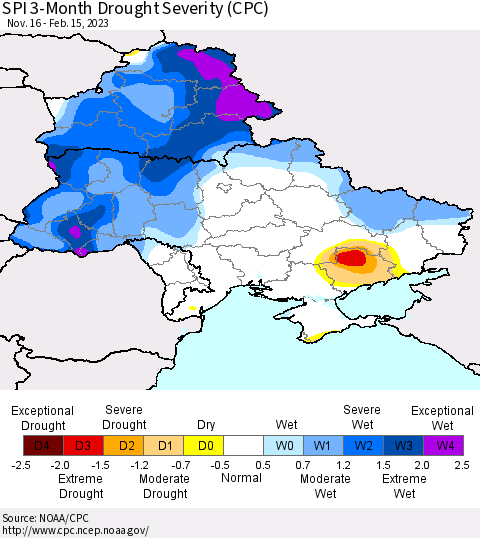 Ukraine, Moldova and Belarus SPI 3-Month Drought Severity (CPC) Thematic Map For 11/16/2022 - 2/15/2023