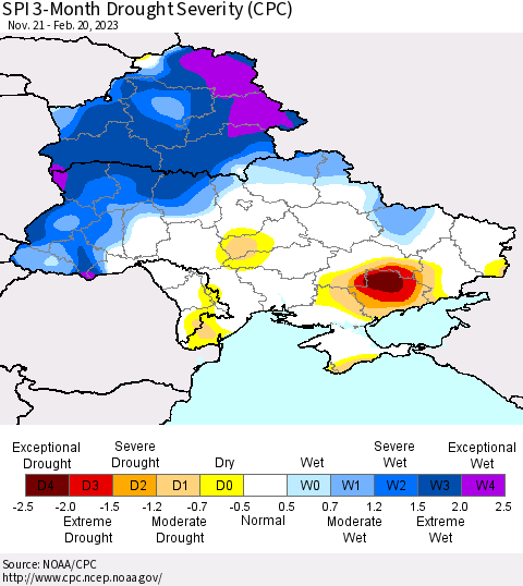 Ukraine, Moldova and Belarus SPI 3-Month Drought Severity (CPC) Thematic Map For 11/21/2022 - 2/20/2023