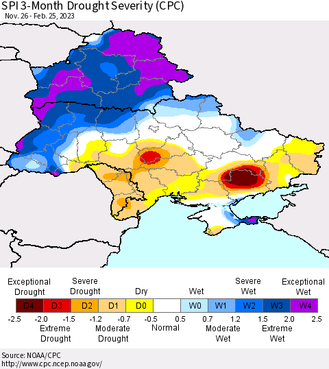 Ukraine, Moldova and Belarus SPI 3-Month Drought Severity (CPC) Thematic Map For 11/26/2022 - 2/25/2023