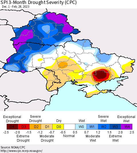 Ukraine, Moldova and Belarus SPI 3-Month Drought Severity (CPC) Thematic Map For 12/1/2022 - 2/28/2023