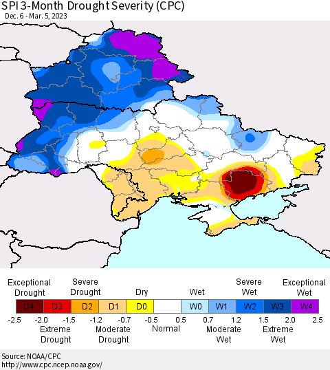 Ukraine, Moldova and Belarus SPI 3-Month Drought Severity (CPC) Thematic Map For 12/6/2022 - 3/5/2023