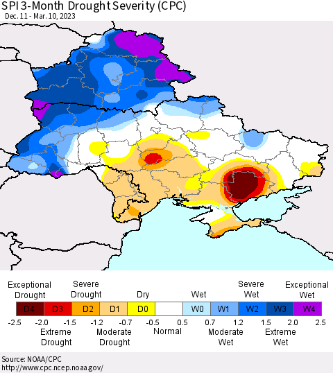 Ukraine, Moldova and Belarus SPI 3-Month Drought Severity (CPC) Thematic Map For 12/11/2022 - 3/10/2023