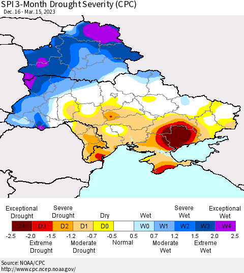 Ukraine, Moldova and Belarus SPI 3-Month Drought Severity (CPC) Thematic Map For 12/16/2022 - 3/15/2023