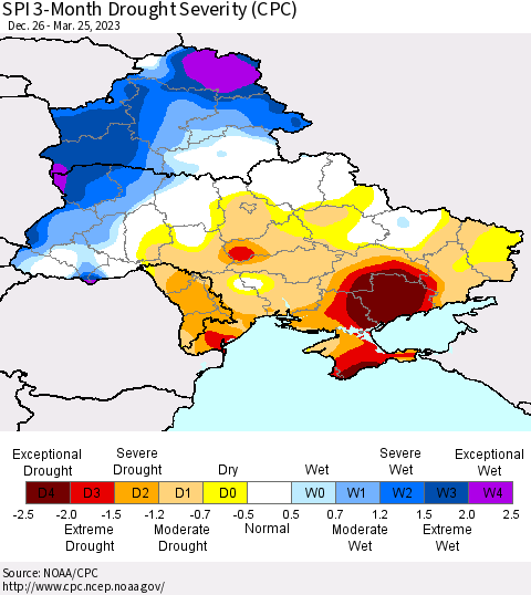 Ukraine, Moldova and Belarus SPI 3-Month Drought Severity (CPC) Thematic Map For 12/26/2022 - 3/25/2023