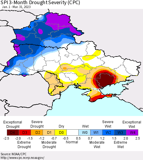 Ukraine, Moldova and Belarus SPI 3-Month Drought Severity (CPC) Thematic Map For 1/1/2023 - 3/31/2023
